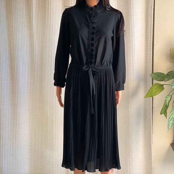 Vintage 70s Lady Carol Black Victorian Pleated Dress Cottage Goth Size 12 1/2 - Picture 2 of 8